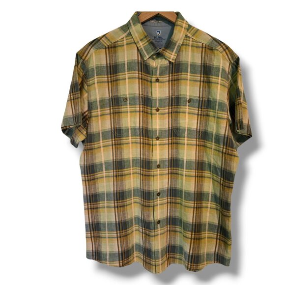 Kuhl Shirt Mens XL Green Plaid Button Up lightweight linen blend Skorpio Tapered - Picture 1 of 10